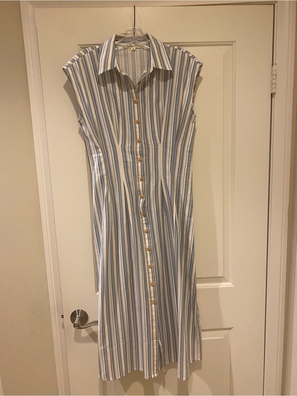 Blue and White Striped Button-Front Midi Dress